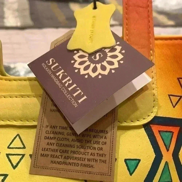 SUKRITI Set of 3, Orange & Yellow Geometric Hand Painted Leather Tote Bag - Picture 8 of 8